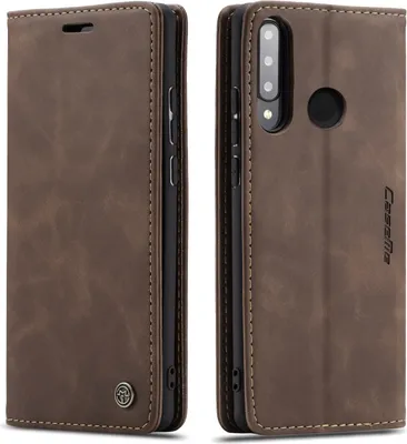 A brown leather flip case for a Huawei P30 Lite phone, shown from two angles.