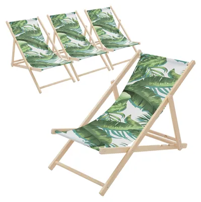 Produktbild von ECD Germany 4er Set Liegestuhl klappbar Tropical Grün-Weiß aus Holz Sonnenliege mit 3-Fach verstellbarer Rückenlehne Strandliege für Garten Balkon Terrasse