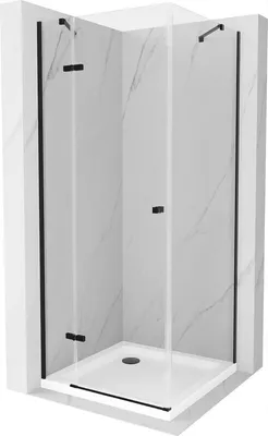 Produktbild von Mexen Roma kippbare Duschabtrennung 80 x 80 cm, Transparent, Schwarz + Duschwanne Flat, Weiß - 854-080-080-70-00-4010B