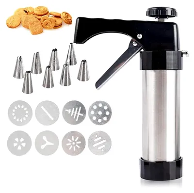 Produktbild von Gebäckspritze Set, Edelstahl Gebäckpresse mit 8 Schablonen und 8 Tüllen, Tragbar Spritzgebäck Presse DIY Kekspresse Backzubehör für Kuchen Kekse
