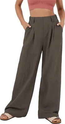 Image de ASKSA Pantalon femme jambes larges Taille haute Laessig Pantalon d'été Unicolore Pantalon de loisirs avec poches, Marron, Taille : M