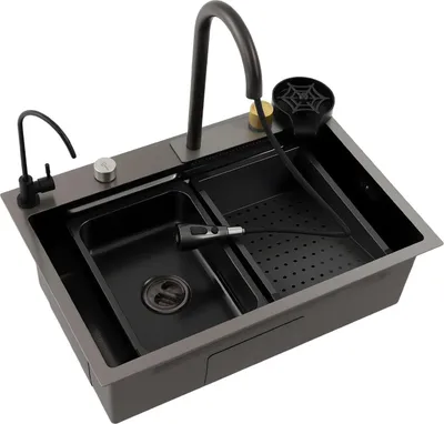 Produktbild von Küchenspüle aus Edelstahl - Einbeckenspüle rechteckig - Auszieharmatur 30 cm - Aufsatz-/flächenbündige Montage - 68×45×21 cm - 3 Hahnlöcher - Grau