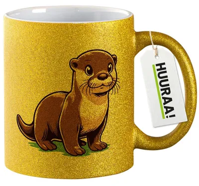 Produktbild von Huuraa Glitzertasse Otter Comic 330ml Gold Keramik Kaffeebecher Geschenkidee