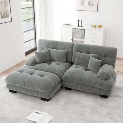 Image de Canapé d'angle Cloud pour salon, canapé double en chenille avec 2 coussins lombaires et 2 coussins décoratifs, canapé rembourré avec larges accoudoirs et pouf, chenille, gris