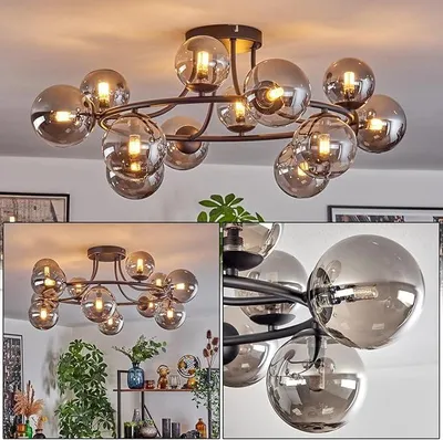 Obrázek produktu pro Stropní svítidlo Chehalis, 12-žárovková stropní lampa z kovu/skla v černém/kouřovém provedení, svítidlo v retro/vintage designu (stínidla o průměru 10,12 cm), patice G9, vhodné do jídelny, obývacího pokoje, kuchyně, chodby, kanceláře