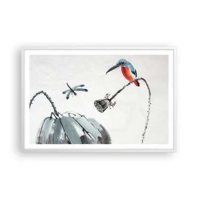Produktbild von Gerahmtes Poster - Weißer Rahmen - Libelle Vogel Blume - 91,5x61 cm - Wand Bild - Wanddeko - Wandbilder - Kunstposter - Wandposter - Bilderrahmen - Bilder - Kunstdruck - Wandbild - P2WAA91x61-4361