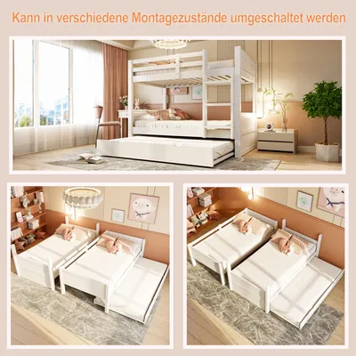 Immagine prodotto di Letto a castello Merax 90x200 con letto estraibile e rete a doghe, letto in legno trasformabile in 2 letti singoli, letto per bambini con scaletta e sponde di sicurezza, bianco