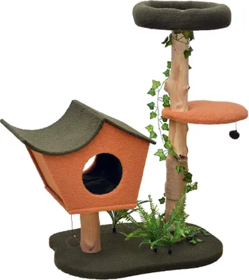 Produktbild von Fudajo Kratzbaum mit Pflanzendeko 114 cm, Katzenkratzbaum mit Teddyfell und Birnbaumholz, Katzenhaus mit Spielbällen, Katzenmöbel mit Plattformen
