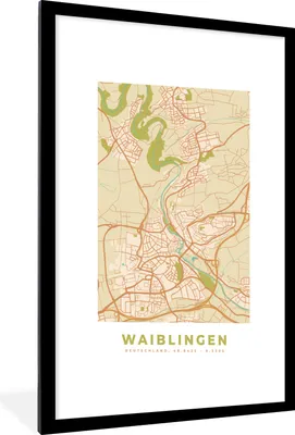 Produktbild von MuchoWow® Gerahmtes Poster Stadtplan - Waiblingen - Vintage - Stadtplan 60x90 cm - Poster mit Schwarzem Bilderrahmen Wandposter Rahmen Foto Bilder - Dekoration - Wandposter Wohnzimmer - Hochwertig