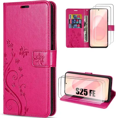 Image de Coque + 2 Verres Trempés pour Samsung Galaxy S25 FE, Protection Antichoc Effet Cuir Motif Relief Papillon Fuchsia