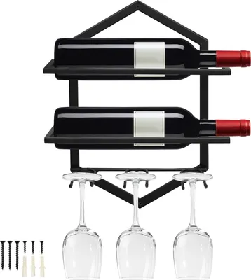 Produktbild von Metallischer Weinglashouder für 2 Flaschen und 3 Gläser, inkl. Rot, für den Einsatz im Haus, in der Küche, Bar, als Displaydekoration, schwarz