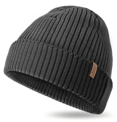 Produktbild von Strickmütze Merino Wolle Rippstrick Schwarz Herren Damen Atmungsaktiv Warm
