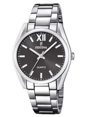 A studio shot of a silver and black Festina watch with a dark gray dial.
