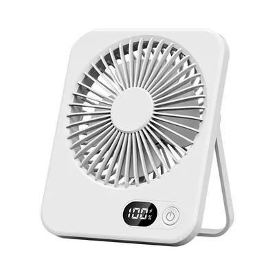 Produktbild von Tischventilator – extrem leise, starker Luftstrom für Büro und Zuhause. Tragbar und faltbar für unterwegs, 5 Geschwindigkeitsstufen, wiederaufladbarer 4000-mAh-Akku, LCD-Display.