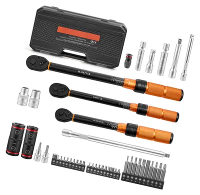 Produktbild von SucceBuy Drehmomentschlüssel-Set 1/4, 3/8, 1/2 Zoll Antrieb, 47-teilig, Doppelskala, ±3% Genauigkeit, inklusive Zündkerzensteckschlüssel, Bits, Verlängerungen und Aufbewahrungskoffer für Fahrzeugwartung