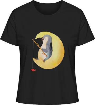 Produktbild von Mr. & Mrs. Panda Damen Oberteil Pinguin Mond Größe M - Schwarz - Geschenk, T-Shirt, Schlafzimmer, Nachtruhe, Spruch, Erschöpft, Basic, Süßigkeiten, Sommershirt, Baumwoll