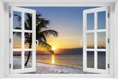 Produktbild von Wallario selbstklebendes Poster mit Fenster-Illusion - Palme am Strand - Sonnenuntergang über dem Meer, Größe: 61 x 91,50 cm
