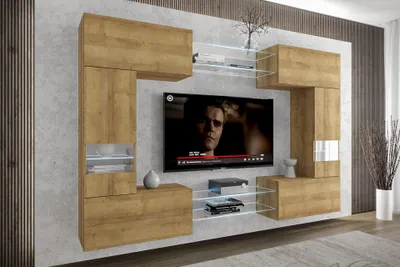 Produktbild von Furnitech Wohnwand Wohnzimmer - Wohnzimmer Möbel mit LED RGB - 16 Farben - Hängend Wohnwand Modern - Regale und TV Schrank (C29N-21DZ-M6-1B)