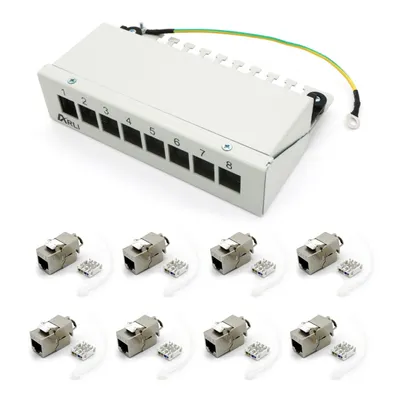 Produktbild von ARLI Patchpanel inkl. 8x Keystone Cat8.1 Module – 8-Port Patchfeld Gehäuse lichtgrau