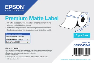 Productafbeelding van Epson Premium Mat Label - Rol: 102 mm x 60 m, Zelfklevend etiket, Doorlopende etiketrol, Geschikt voor inkjetprinters, Acrylharsbasis, Permanent, Mat