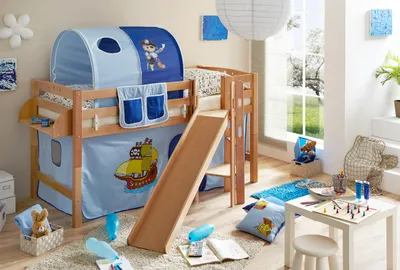 Produktbild von Podestbett mit Rutsche "Tino" Buche Natur Motiv (Pirat Hellblau-Dunkelblau)