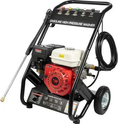 Produktbild von Hochdruckreiniger - Benzinbetrieben mit Rädern - 7,5 PS Motor - Max. Fördermenge 8,7 l/min - 4-Takt, 1-Zyl., luftgekühlt - 5 Düsen - Handstart - Schwarz/Rot