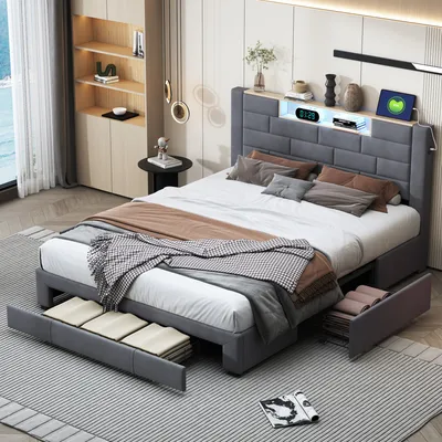 A modern bedroom with a large bed featuring storage and LED lighting.