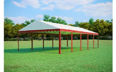 Produktbild von Partyzelt 5x10 m PREMIUM – PVC-Plane 500 g/m², flammhemmend, Bodenrahmen + Dachverstrebungen, bis 100 Personen - Rot-Weiß