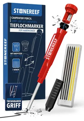 Produktbild von Tieflochmarker Set 7-teilig – 1× Marker mit Anspitzer + 6× Minen (4x Schwarz, 3x Gelb) – 12 mm × 2,8 mm – Präzisions-Markierstift für Holz Metall