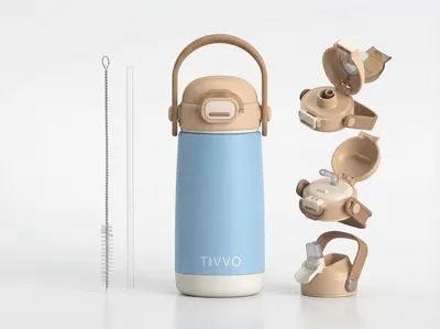 Produktbild von TIVVO Kinder Trinkflasche Edelstahl 420ml – Thermo Flasche mit 3 Verschlüssen, Auslaufsicher & BPA-Frei, Blau