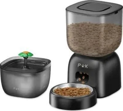 Produktbild von Automatischer Futterautomat mit Tränke, Futter- und Wasserspender Set, Katzenfutterspender 3L, 2in1 Futterautomat, Edelstahl, Schwarz