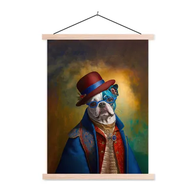 Produktbild von MuchoWow® Textilposter Hund - Porträt - Kleidung - Hut - Abstrakt 60x80 cm mit holzfarbenen Rahmen - Wandbild