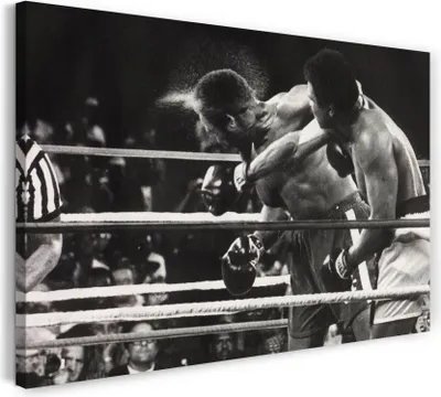 Produktbild von Leinwandbild (60x40cm): Muhammad Ali Mega-Fight Box-Legende Kampf schwarz weiss, echter Holz-Keilrahmen inkl. Aufhänger, handgefertigt in Deutschland