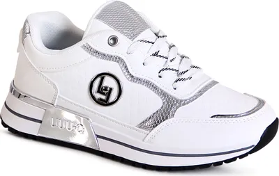 A single white sneaker with silver accents is shown from a side-diagonal angle against a white background.