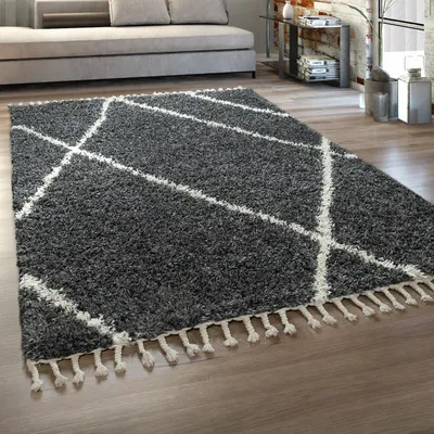 Produktbild von Hochflor Teppich Wohnzimmer Shaggy Skandinavischer Stil Mit Fransen Grau Weiß Grösse 140x200 cm