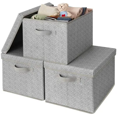 Image de 3 boîtes de rangement avec couvercle, en tissu, de couleur grise, pliables
