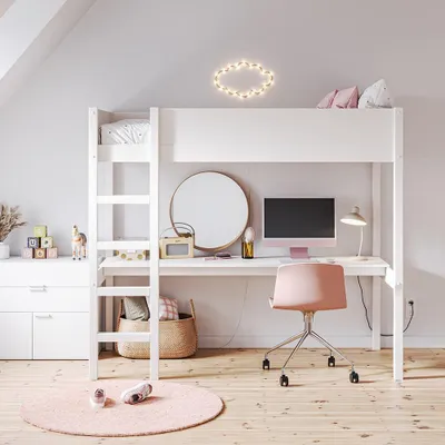 Produktbild von Petite Amélie Hochbett mit Schreibtisch - 90x200 cm - Weiß - platzsparend für kleine Kinderzimmer