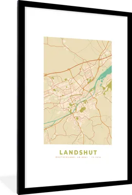 Produktbild von MuchoWow® Gerahmtes Poster Landshut - Karte - Vintage - Stadtplan 60x90 cm - Poster mit Schwarzem Bilderrahmen Wandposter Rahmen Foto Bilder - Dekoration - Wandposter Wohnzimmer - Hochwertig
