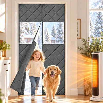 Zdjęcie produktu dla Zasłona magnetyczna termoizolacyjna, 90x210 cm, szara, wzmocniona, 420 GSM, zasłona termoizolacyjna z PVC, wiatroodporna, do drzwi, kuchni, garażu