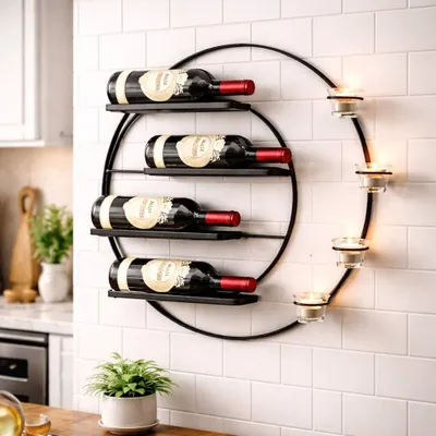 Image de DanDiBo Casier à vin pour 4 bouteilles et bougies chauffe-plat Métal 55 cm Mur Noir Vivace 96214 Rond Casier à bouteilles Support pour bouteilles Montage mural Moderne Support mural Etagère murale