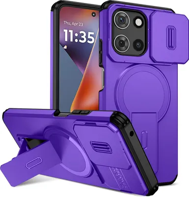 Obrázek produktu pro Magnetické pouzdro pro Motorola Moto G 2025, dvouvrstvé odolné pouzdro s posuvnou ochranou fotoaparátu a nastavitelným stojánkem Fialová