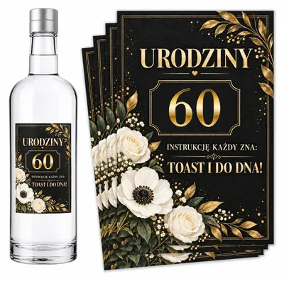 Obrázok produktu pre Etikety na fľaše – k 60. narodeninám – „Urodziny” – čierna a zlatá – #170 – 8 ks