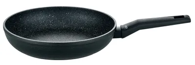 A black frying pan with a speckled interior and a black handle, isolated on a white background.