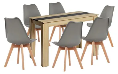 Image de Ensemble de salle à manger comprenant une table rectangulaire en chêne et noir, avec 6 chaises, dimensions : 110 cm, couleur : gris