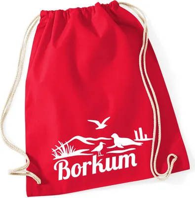 Produktbild von Huuraa Turnbeutel Borkum Strandmotiv 12 Liter Classic Red Baumwolle Rucksack Geschenkidee