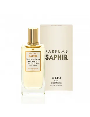 A bottle of Saphir Seduction Pour Homme EDP 50ml perfume and its box are displayed against a white background.
