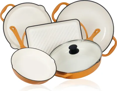 Produktbild von Mahlzeit 5-teiliges Pfannenset, Sunny Orange, mit Grillpfannen, Grillplatte und Paella Pfanne