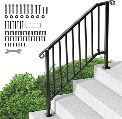 Zdjęcie produktu dla VEVOR Poręcze zewnętrzne na 3–4 stopnie, stabilny zestaw balustrady schodowej ze stali węglowej z akcesoriami montażowymi, idealny dla seniorów, odpowiedni do schodów betonowych, werand i tarasów, czarny design retro