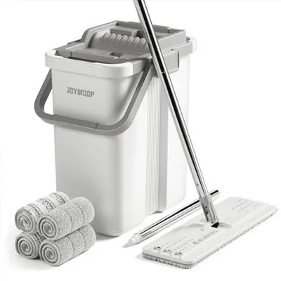 Produktbild von Famanu Mopp und Eimer mit Wringmechanismus - Flachmopp und Mikrofasertücher