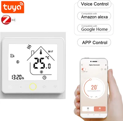 A Tuya ZigBee3.0 thermostat is shown next to a smartphone displaying the app interface, with text highlighting voice and app control features.